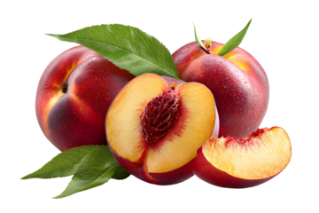 Whole and half peach fruit with green leaf isolated on transparent background, juicy fresh summer fruit for healthy nutrition, vegan menu, and food design

