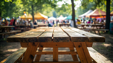 Fototapeta premium Rustic wooden picnic table in sunny outdoor park setting with blurred festival tents and people in background, perfect for summer event promotion, product display, or food marketing concepts.