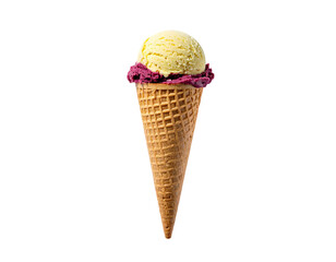 A waffle cone holds ice cream, two flavors yellow and purple, against black