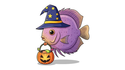 Spooky Seas: A whimsical illustration of a cheerful, purple fish donning a wizard's hat, playfully holding a pumpkin bucket and embodying the festive spirit of Halloween.
