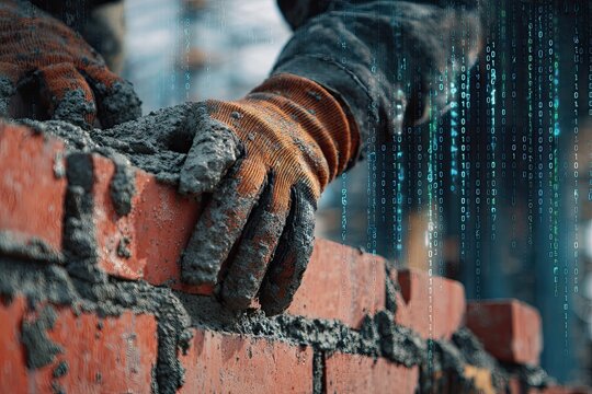 A close-up shot of gloved hands laying brick with the digital information overlay