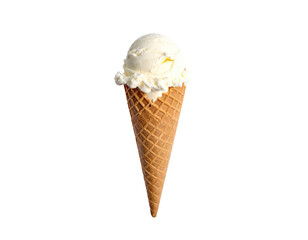 Vanilla ice cream scoop on a waffle cone against a black background