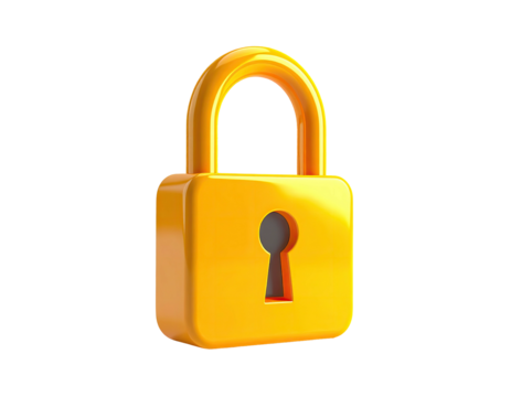 Shiny gold padlock icon, slightly tilted, floating against a black background