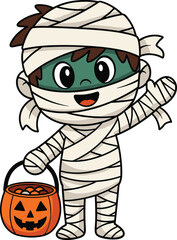Cartoon boy in mummy costume, wrapped bandages, holding pumpkin candy bucket, cute Halloween character, spooky holiday illustration, trick or treat
