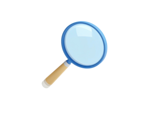 A cartoon magnifying glass with a blue rim and wooden handle, on black