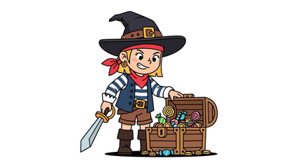 Young Pirate with Treasure: A spirited young pirate, complete with sword and treasure chest, stands ready to embark on adventure.