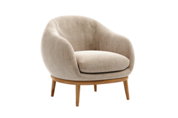 Light beige armchair with rounded, sculpted form, supported by light wooden legs