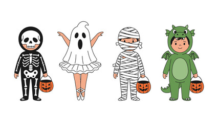 Halloween Character Ensemble: A vibrant assembly of adorable children in playful Halloween costumes, including a skeleton, ghost, mummy, and dragon, holding small pumpkin buckets