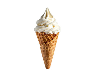 Vanilla soft serve ice cream cone with a waffle cone on a black background