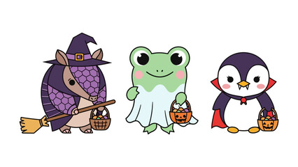 Halloween Cartoon Animals: A whimsical Halloween cartoon featuring a charming armadillo witch, a friendly frog ghost, and a penguin vampire.