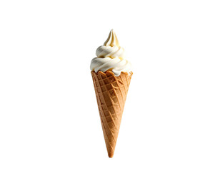 A single, tall ice cream cone with soft serve swirls against a black background