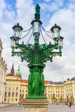 Historic street light Kandelabr on the castle square in Prague, Czechia