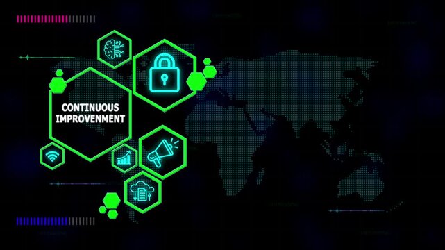Continuous improvement conceptual illustration showcasing global business strategy, collaboration, and innovative ideas with modern abstract graphics and international connectivity elements. - Powered by Adobe