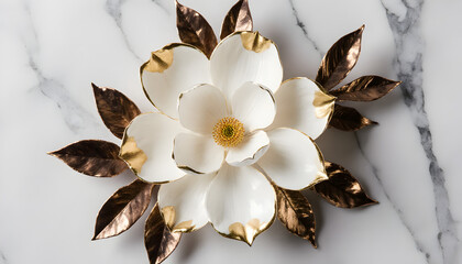 Elegant White Flower with Gold-Tipped Leaves on Marble Background