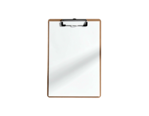 A wooden clipboard with a blank white sheet of paper on a black background