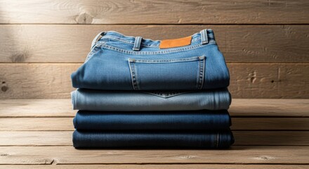 Neatly folded stack of blue denim jeans on a rustic wooden surface