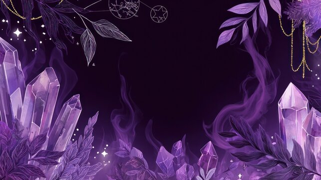 Mystical purple crystal formation with botanical elements against a dark backdrop