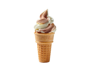 Swirled chocolate and vanilla soft-serve ice cream cone, isolated on black