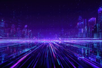 Digital cityscape with vibrant streaks of light extending into the distance under a starry, purple sky