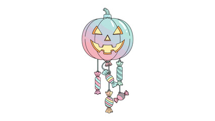 Enchanting Halloween Candy Pumpkin: A whimsical pumpkin balloon in soft pastel hues, adorned with dangling candy, perfect for festive celebrations.