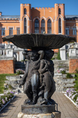 Historic Marfino estate, cultural heritage site with pond reflection, Moscow region, Russia