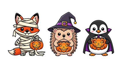 Halloween Trio: A cute trio of Halloween-themed characters, featuring a fox in mummy bandages, a hedgehog in a witch hat, and a penguin in a vampire cape, each holding a carved pumpkin