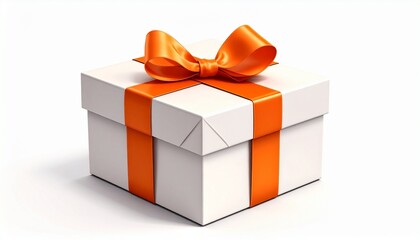 White gift box with vibrant orange ribbon and bow on clean background for editorial celebration design gifting culture and special occasion-themed visuals