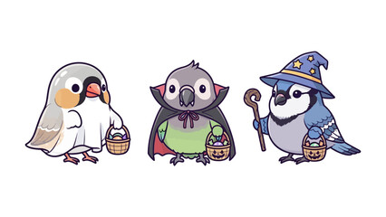 Halloween avian gathering: A collection of charming cartoon birds, each donning a unique Halloween costume and carrying miniature treat baskets, perfect for evoking the festive spirit.