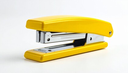 Yellow stapler with modern design, open position revealing metal mechanism on white background for editorial office photography stationery decor and poetic precision-themed visuals