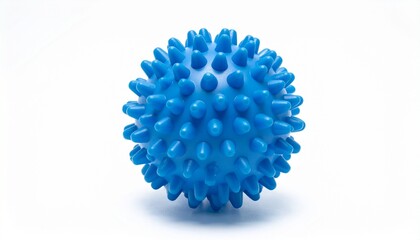 Blue spiky massage ball with rounded protrusions for deep tissue therapy and muscle relaxation on white background for editorial wellness photography fitness accessory decor and poetic recovery-themed