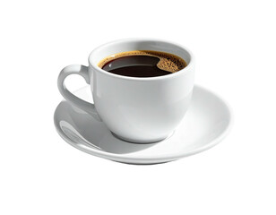 White ceramic cup and saucer holding dark coffee, isolated on black