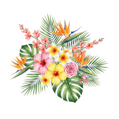 Vibrant tropical flower arrangement with palm leaves
