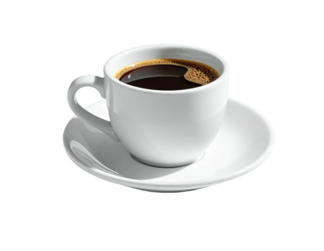 White ceramic cup and saucer holding dark coffee, isolated on black