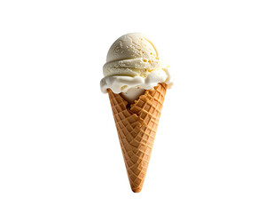 Creamy, vanilla ice cream scoops spill out of a crisp, golden waffle cone