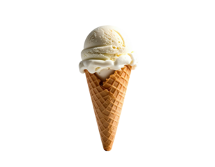 Creamy, vanilla ice cream scoops spill out of a crisp, golden waffle cone
