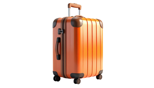 Rendered upright orange suitcase with telescoping handle and wheels against black