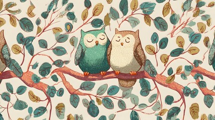 pattern with cute cartoon owls and branches.