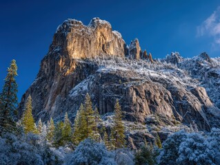 Majestic mountain landscape with rocky peaks snow covered trees and clear blue sky in a breathtaking natural scene du winter daytime