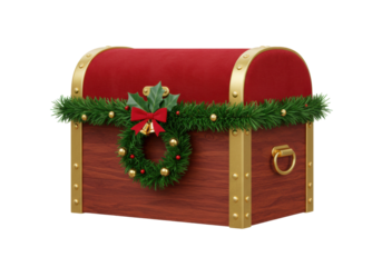 Isolated Christmas treasure chest, wooden with gold trim and holiday decor, ready for gifts