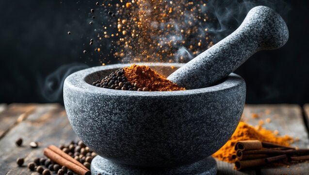 Mortar and pestle with a mixture of spices in it