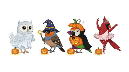 Halloween Avian Ensemble: A whimsical Halloween gathering of charmingly costumed birds, each showcasing unique festive attire, complete with playful pumpkins and expressions.
