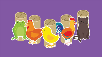 Chicken, rooster and chicken in a row. Vector illustration.