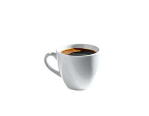 White ceramic mug filled with dark, rich coffee, set against a black background