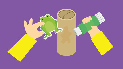 Frog craft with cardboard tube and glue. Vector illustration in flat style.