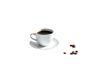 White coffee cup on saucer filled with dark liquid, next to coffee beans