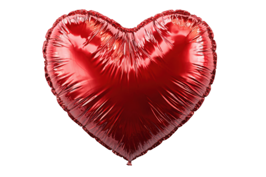 Red Metallic Heart Shaped Balloon Floating on Transparent Background with Glossy Texture Celebrating Love