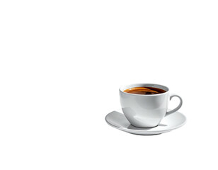 Obraz premium White ceramic coffee cup filled with dark liquid on a matching saucer, black background