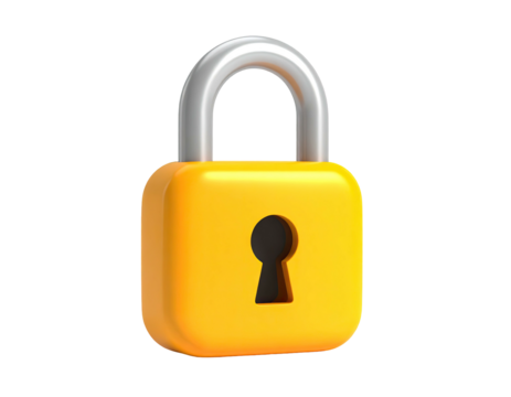 A shiny, yellow, 3D padlock with a silver clasp against a stark black background