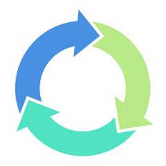 プレゼン資料やビジネスフロー図などに使われる、３つの矢印が循環する回転矢印（サイクル矢印）　ベクターイラスト　寒色系　単品