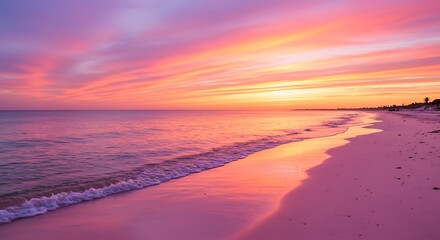 Vibrant sunset over ocean reflecting colorful sky on sandy beach